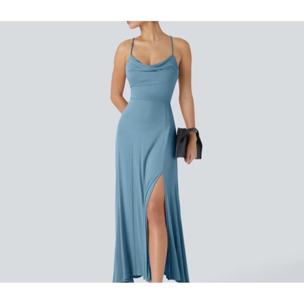 Halara Ribbed Cowl Neck Backless Crisscross Lace Up Party Dress Sz Medium Blue - Picture 3 of 9